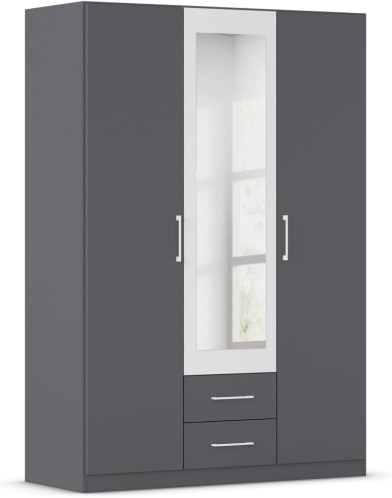 Rauch Möbel Belfast Kleiderschrank, Schrank, Garderobe, Organizer, 3-türig, mit Spiegel, 2 Schubladen für mehr Stauraum, Farbe Grau metallic/Weiß, Schwarz, Stangengriff Weiß, 136 x 197 x 54 cm Bild 1