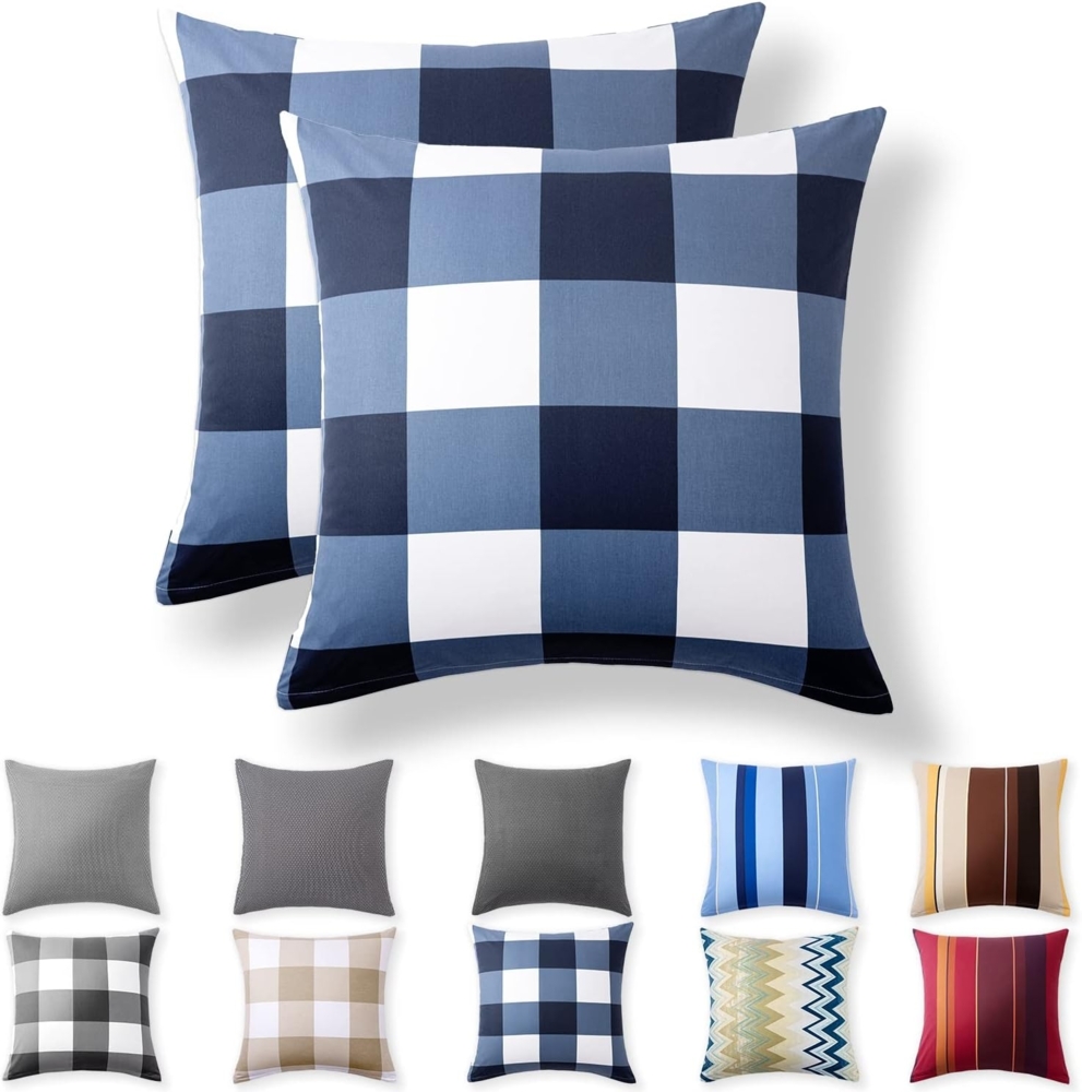 Alreya 2er-Set Renforcé Kissenbezug 50x50 cm - 100% Baumwolle mit YKK Reißverschluss, Superweicher Kopfkissenbezug 50x50, Kissenhülle, Blau Kariert, nur Kissenbezug Bild 1