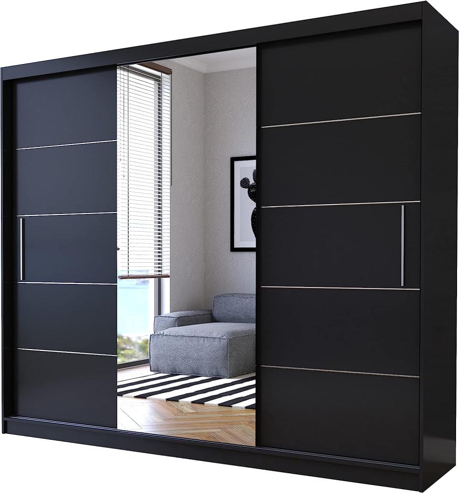 Schwebetürenschrank Alba 250 cm, Schiebetürenschrank mit Spiegel, Kleiderschrank mit Kleiderstange und Einlegeboden, Schlafzimmerschrank, Schiebetüren, Modern Design (Schwarz/Schwarz) Bild 1