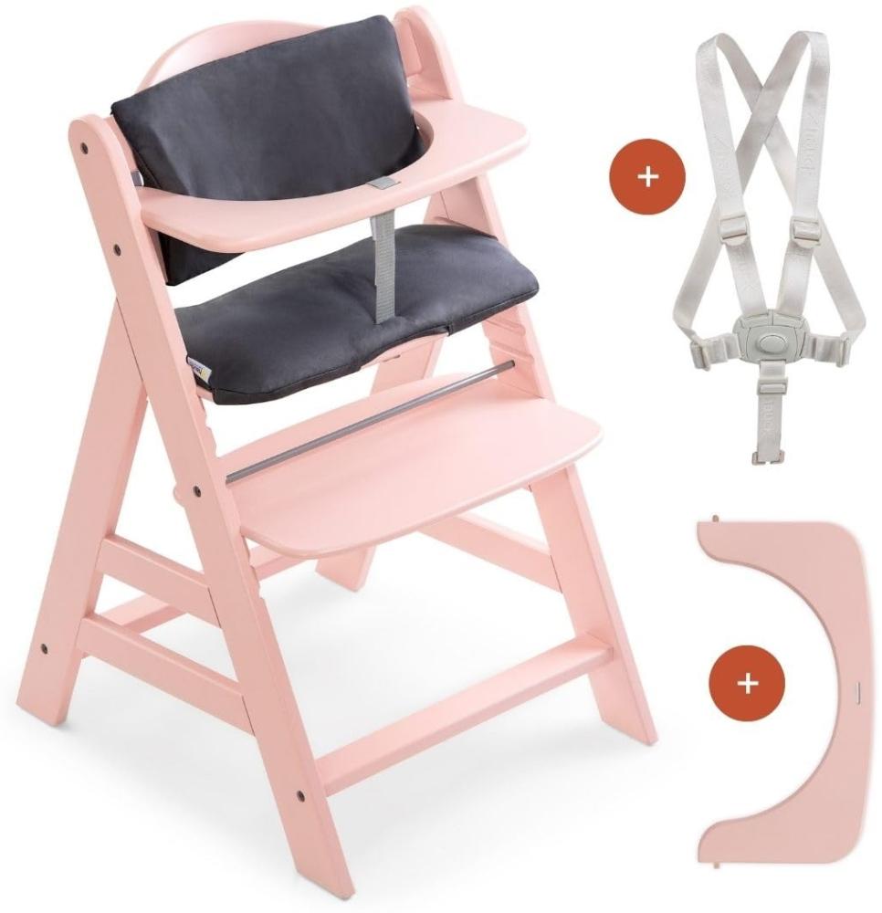 Hauck Hochstuhl Alpha Plus - Mitwachsender Holz Kinderhochstuhl mit Gurt, Schutzbügel und Sitzkissen - Rosa Grau Bild 1