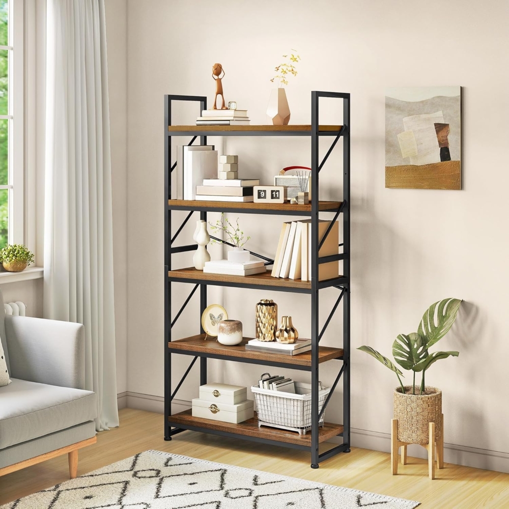YITAHOME Bücherregal mit 5 Ebenen, Großes Standregal, Holzregal und Metallrahmen, Industrieregal, Bodenstehendes Lagerregal, für Wohnzimmer, Home Office, Vintagebraun Regal Bild 1