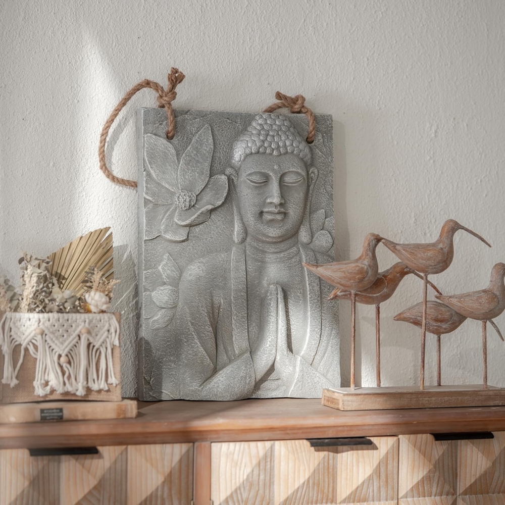 K&L Wall Art Wanddekoobjekt Buddha Wandskulptur Steinoptik asiatische Feng Shui Deko 3D Wandfigur (Buddha Wandbild), mit Seilaufhängung Bild 1