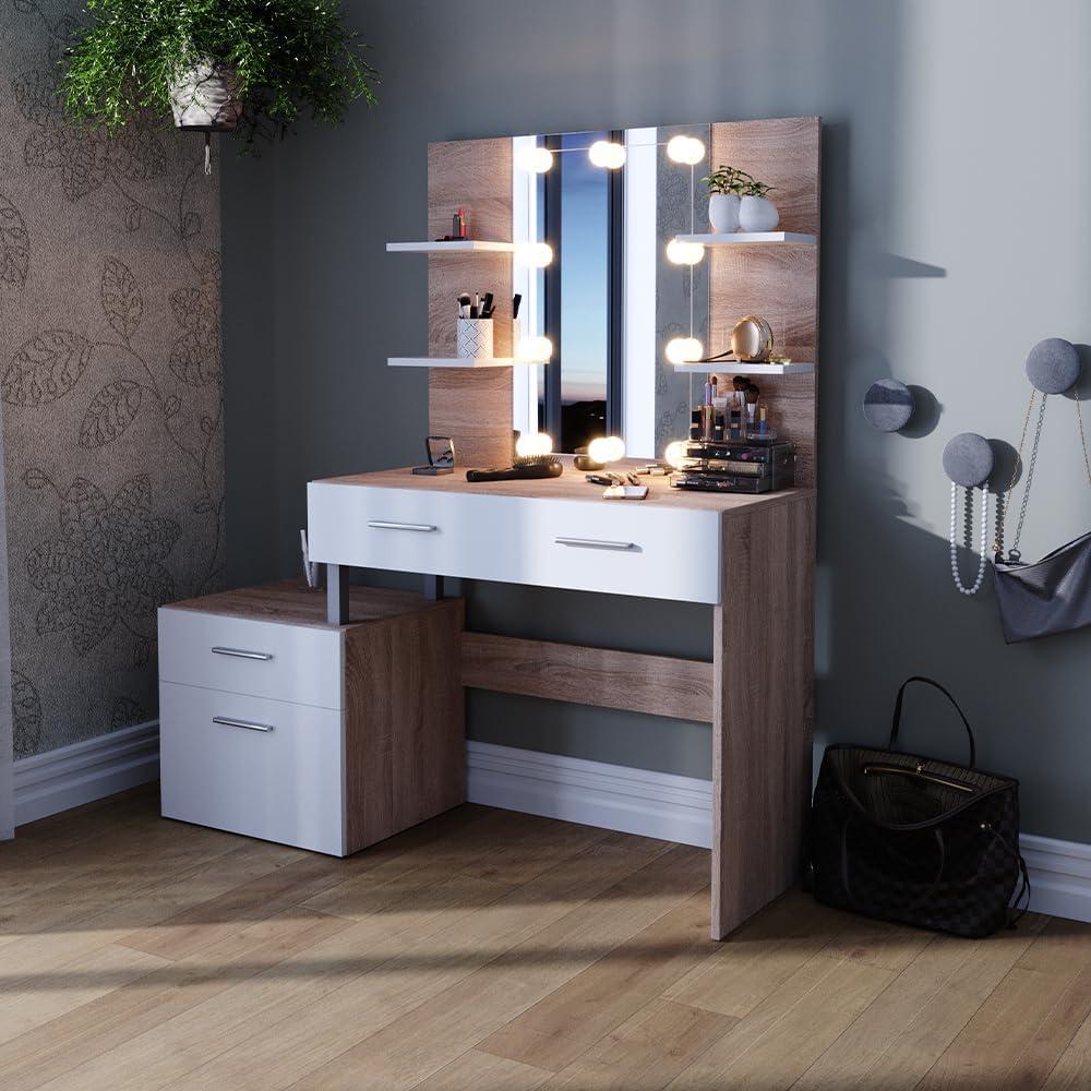 Vicco Schminktisch Frisiertisch Frisierkommode Maria Weiß Sonoma Spiegel LED 132x145 cm modern Ablage Bild 1