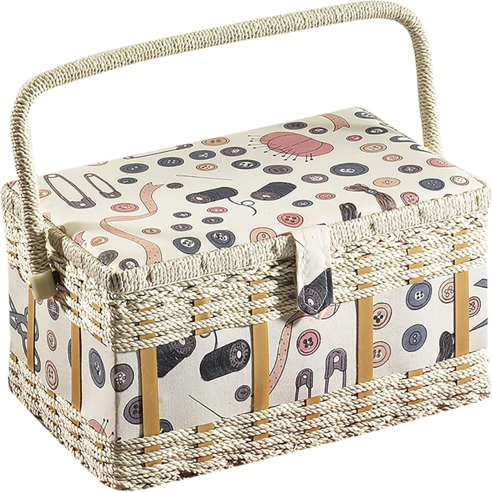 Kobolo Nähkorb Nähkästchen rechteckig Knopfmuster - Textileinsatz (in Naturtönen) Bild 1