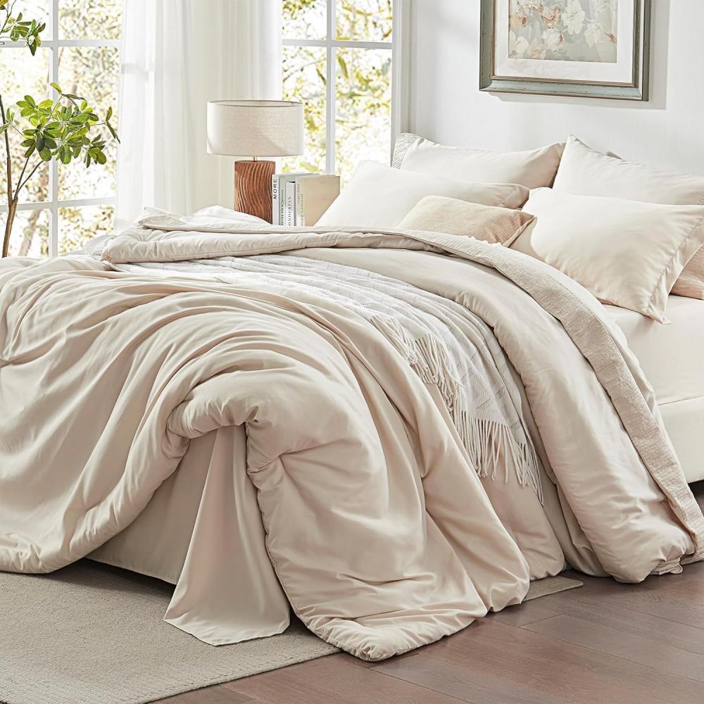 Lanqinglv Bettwäsche 220x240cm Beige Microfaser Bettwäscheset Uni Unifarben Doppelbett Bettbezug mit Reißverschluss und 2 Kissenbezüge 80x80 cm - Romantisch und Elegant Bild 1