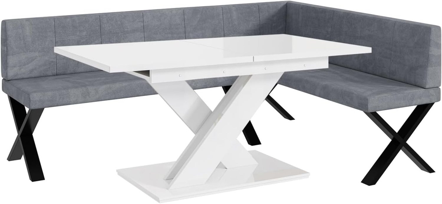 MEBLINI Eckbank für Esszimmer mit ausziehbarem Tisch - Küchenbank - Essecke - Sitzecke Küche - PETER - X-Beine 142x196x87cm Rechts - Grau Samt/B Weiß Hochgl. Bild 1