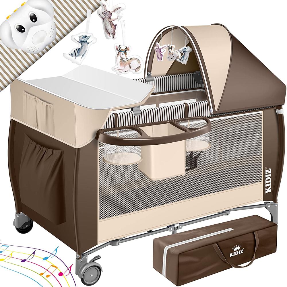 KIDIZ® Babybett 3 in 1 Reisebett Kombi Set Baby Bett mit Wickelauflage Moskitonetz Laufstall Baby ab Geburt bis 15 kg luftige Seitenwände mit Seiteneingang Tragetasche zusammenklappbar Braun Bild 1