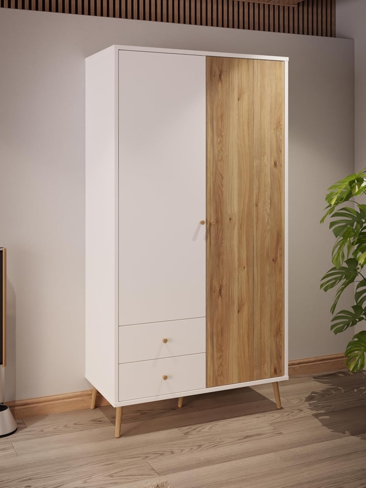 Forte EasyKlix HARLLSON Kleiderschrank Weiß mit Holzdekor: Mauvella Eiche, mit 2 Türen, 2 Schubladen, Einlegeböden und Kleiderstange, hoche Holzfüße, 105 cm breit x 202 cm hoch x 52 cm tief Bild 1