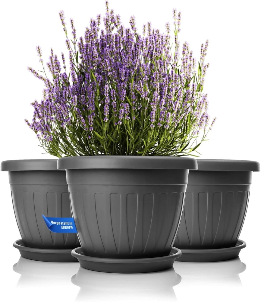 BigDean 3x Blumentopf mit Untersetzer rund ø40xH31 cm anthrazit - wetterfester Pflanzkübel - Wasserablauf UV-beständig aus bruchsicherem Kunststoff - Innen + Außen geeignet - Made in Europe Bild 1