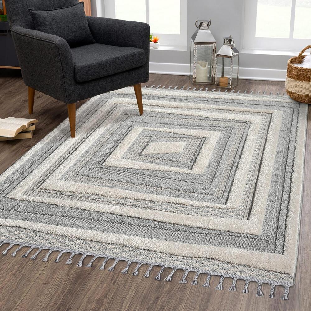 carpet city Teppich Boho Wohnzimmer - Graublau, Creme - 140x200 cm - Bordüre - Relief-Optik, 3D-Effekt - Cut-&Loop, Sisal - Moderne Fransen-Teppiche Schlafzimmer Bild 1