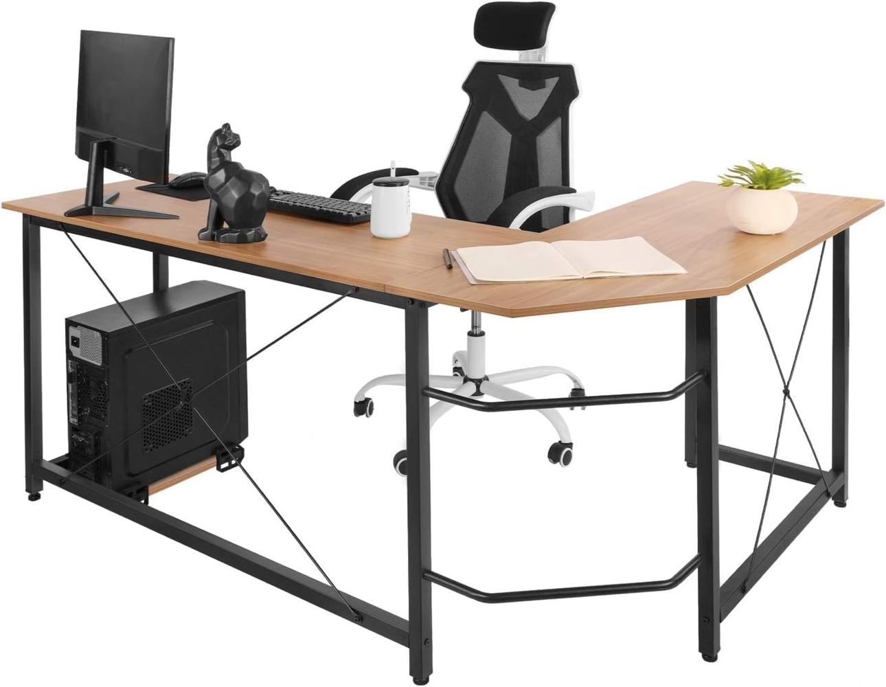 Clevich Schreibtisch L Form, 167x120 cm Gaming Tisch mit Regal, Stabil Eckschreibtisch L-förmiger mit Eisenhaken, Computertisch fürs Home Büro, Platzsparend, Einfach zu Montieren Bild 1