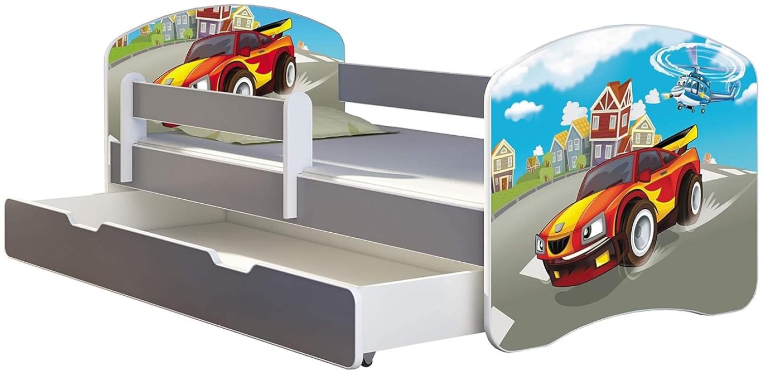 ACMA Kinderbett Jugendbett mit Einer Schublade und Matratze Grau mit Rausfallschutz Lattenrost II (03 Racing Car, 160x80 + Bettkasten) Bild 1