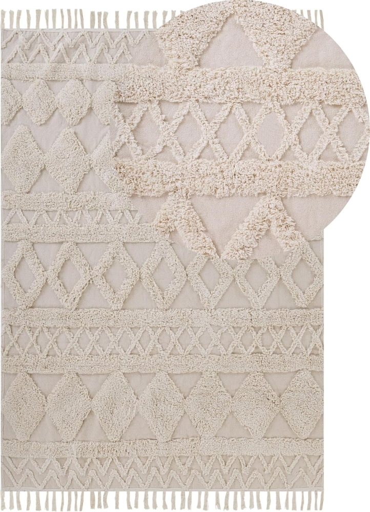 Teppich Baumwolle beige 160x230 cm geometrisches Muster Fransen Kurzflor DIDIM Bild 1