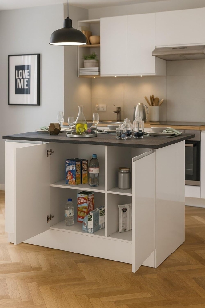 Dmora - Kücheninsel Patrizio, Mehrzweckschrank, Küchenzeile Schrank, Zusätzlicher Tisch, 100% Made in Italy, 155 x 90 x 90 cm, glänzendes Weiß und Schiefer Bild 1