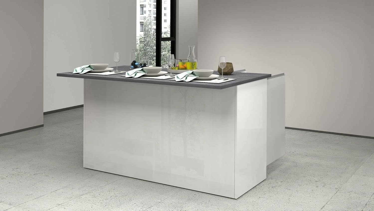 Dmora - Kücheninsel Patrizio, Mehrzweckschrank, Küchenzeile Schrank, Zusätzlicher Tisch, 100% Made in Italy, 155 x 90 x 90 cm, glänzendes Weiß und Schiefer Bild 1