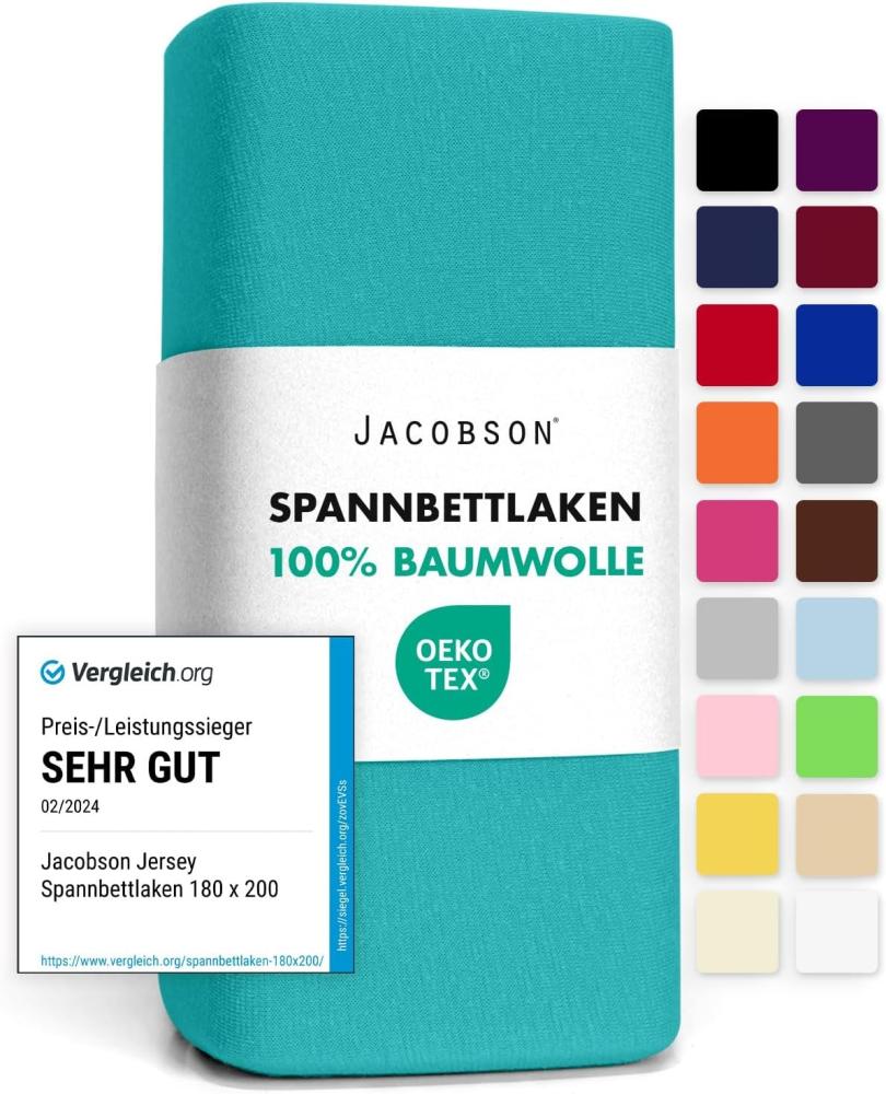 Jacobson Jersey Spannbettlaken Spannbetttuch Baumwolle Bettlaken (140x200-160x200 cm, Türkis) Bild 1