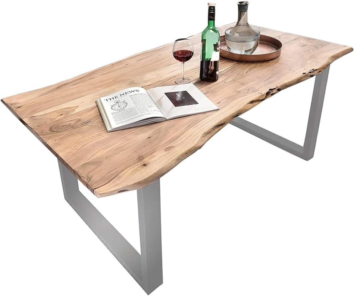 SAM Baumkantentisch 140x80 cm Quarto, Akazienholz massiv + naturfarben lackiert, Esstisch mit Silber lackiertem U-Gestell, Esszimmertisch/Holztisch im Industrial-Design, Tischplatte 26 mm Bild 1