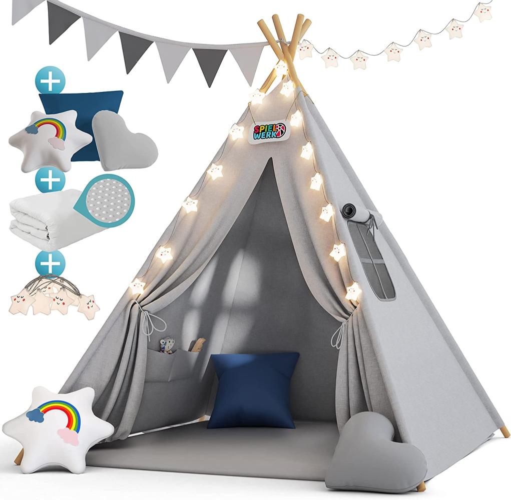 Spielwerk Kindertipi mit Lichterkette, Bodenmatte und Kissen, grau, 120 x 120 x 160 cm Bild 1