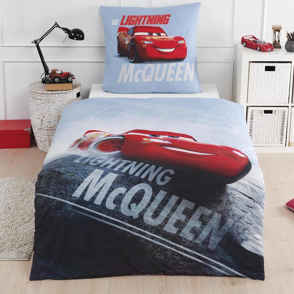 MTOnlinehandel Bettwäsche Cars 135x200 + 80x80 cm, 100 % Baumwolle, Renforcé, 2 teilig, Jungen Kinderbettwäsche Disney's Cars Auto, Lightning McQueen Bild 1