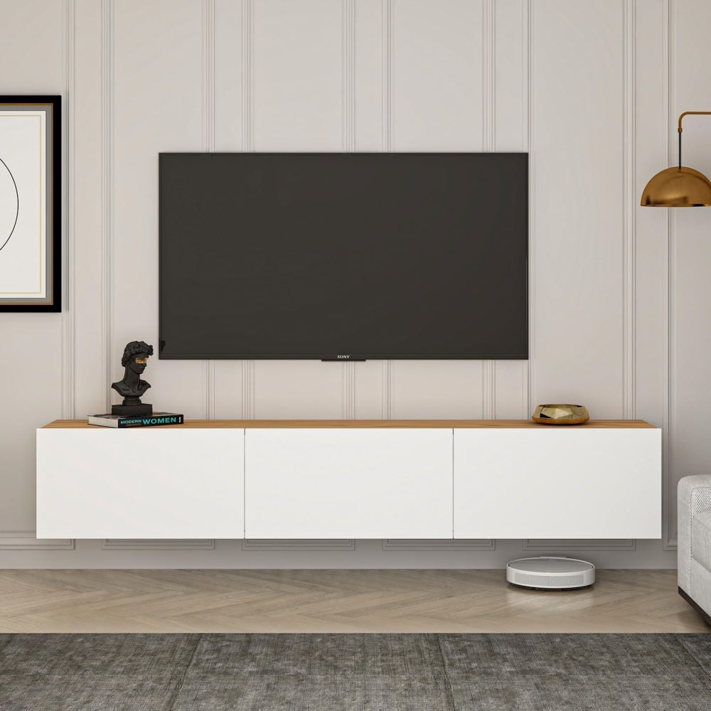 Stylish TV Stand, 150 cm Wide, White & Atlantic Pine | 100% Melamine Coated Chipboard, 30 cm Height, 32 cm Depth | Modern Design for Living Room & Entertainment Spaces Bild 1