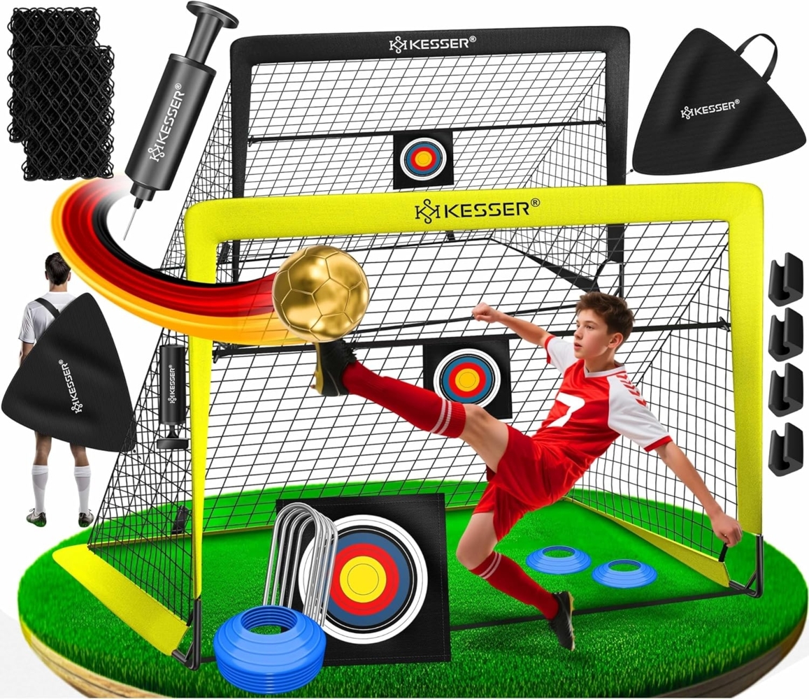 KESSER Pop-Up Fußballtor, 2er Set, mit Transporttasche, 6x Hütchen, Ballpumpe & Zielscheibe, Glasfaserstangen, 120x90 cm, Gelb / Schwarz Bild 1