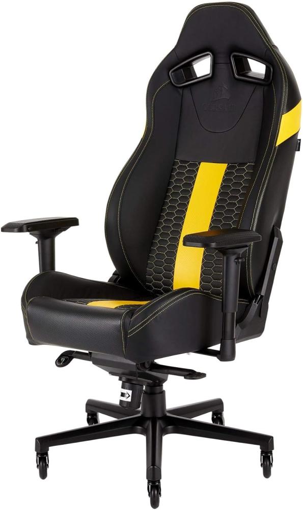 Corsair T2 Road Warrior - Kunstleder Gaming Stuhl (Einfache Montage, Ergonomisch Schwenkbar, Verstellbare Sitzhöhe & 4D Armlehnen, Komfortable breite Sitzfläche mit hoher Rückenlehne) Gelb Bild 1