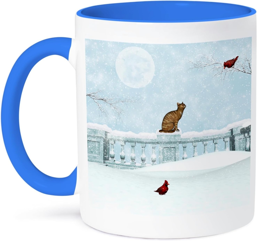 3dRose Katze und Cardinals in Winter Snow-Two Ton Blau Tasse, Keramik, Mehrfarbig, 10,2 x 7,62 x 9,52 cm Bild 1