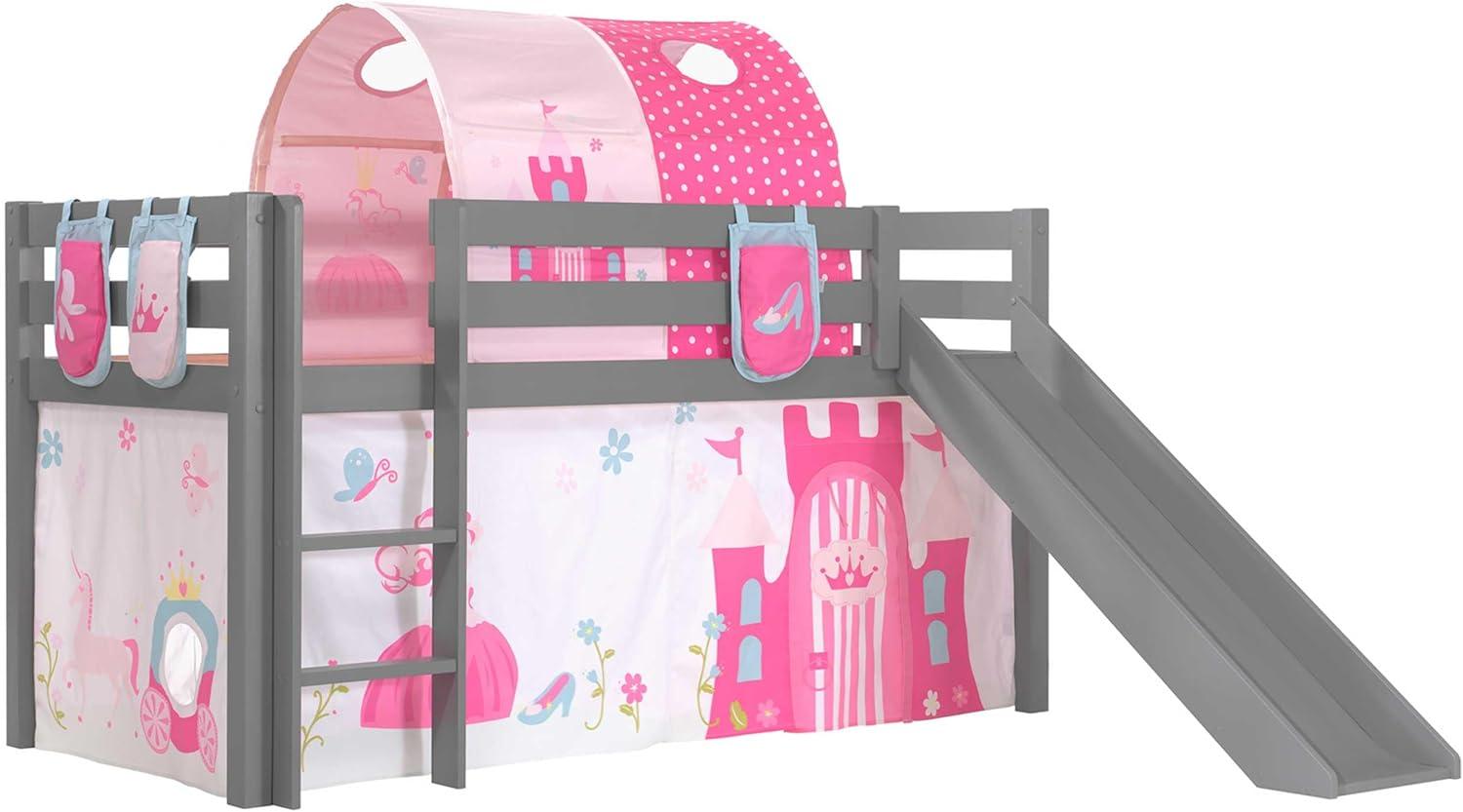 Vipack Spielbett 'Pino' inkl. Rutsche grau, mit Textilset Vorhang, Tunnel und 3 Taschen 'Princess' Bild 1