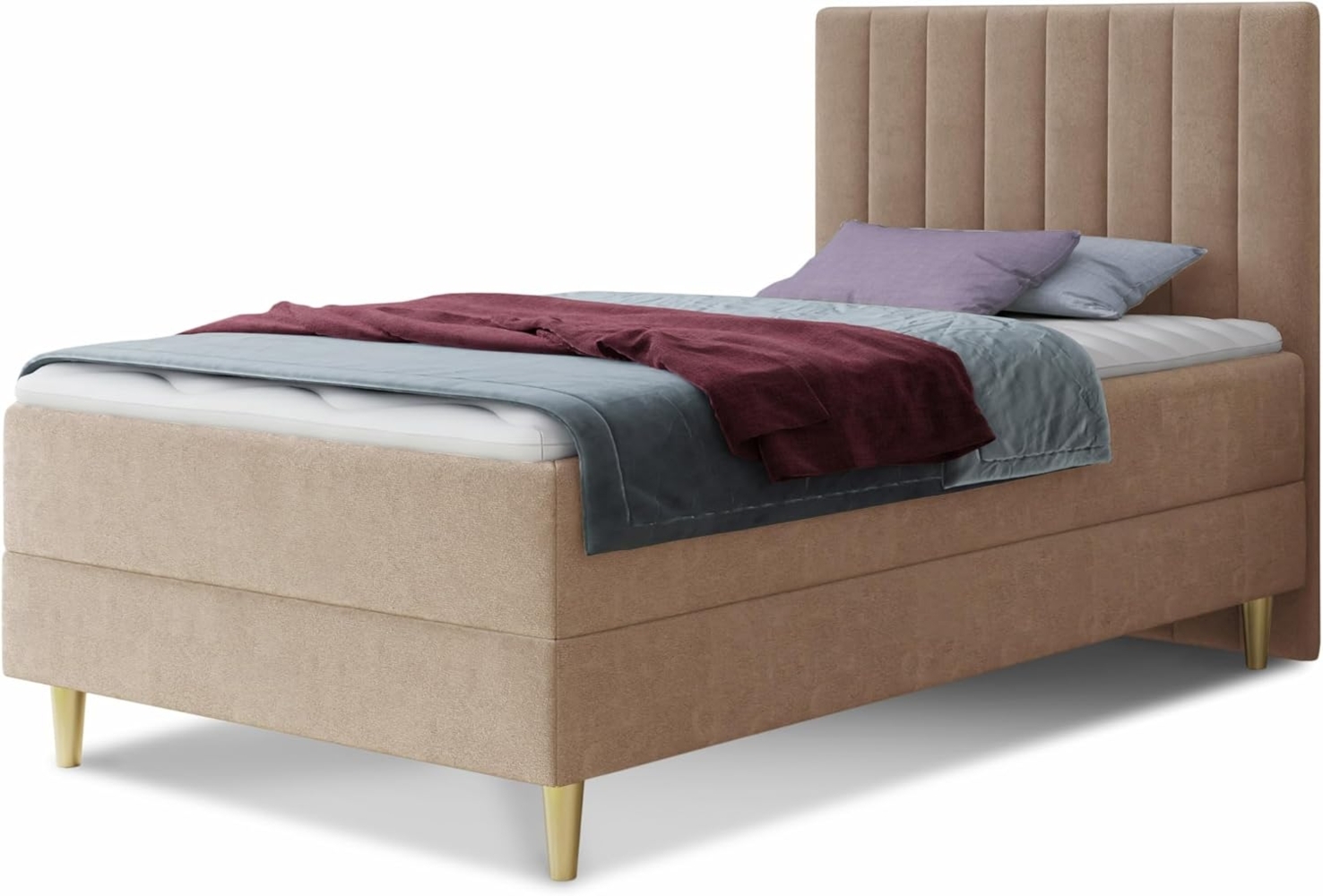 Boxspringbett Gold Mini mit Bettkasten, Bonell-Matratze und Topper - Einzelbett mit Matratzentopper, Polsterbett, Bett, Schlafzimmer, Jugendzimmer, Velours Stoff (Beige (Manila 02), 120x200 cm) Bild 1