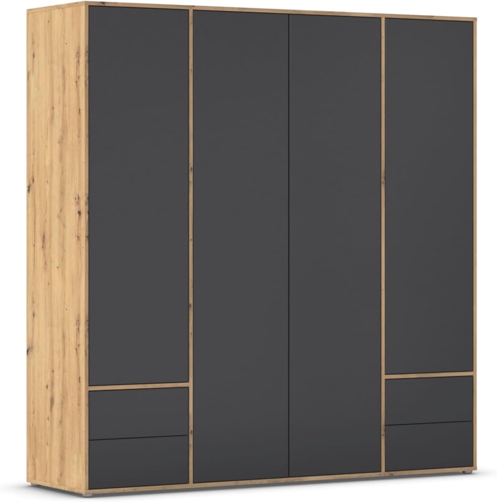 Rauch Möbel Nabila, Drehtürenschrank, Kleiderschrank, Kleiderschränke, Garderobe, 4-türig, 4 Schubladen, Push-to-Open, Farbe Grau metallic/Eiche Artisan, Schwarz, Holz, 187 x 194 x 53 cm Bild 1