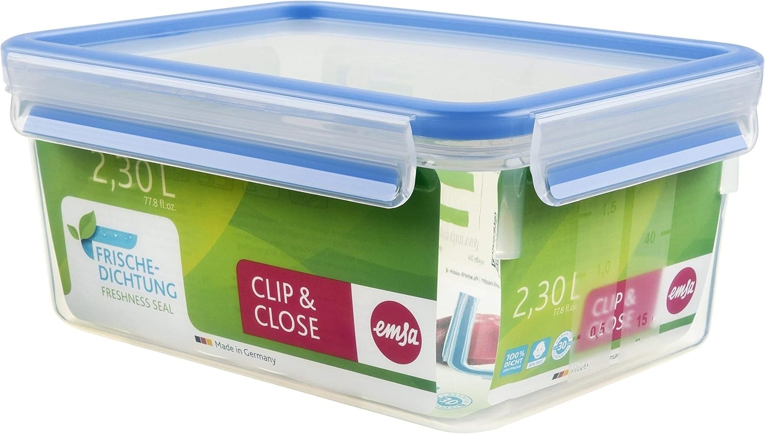 Emsa 508544 CLIP & CLOSE FRISCHHALTEDOSE | 2,2 L | rechteckig | Großformat - Clipbox | 100% dicht, Transparent / Blau Bild 1