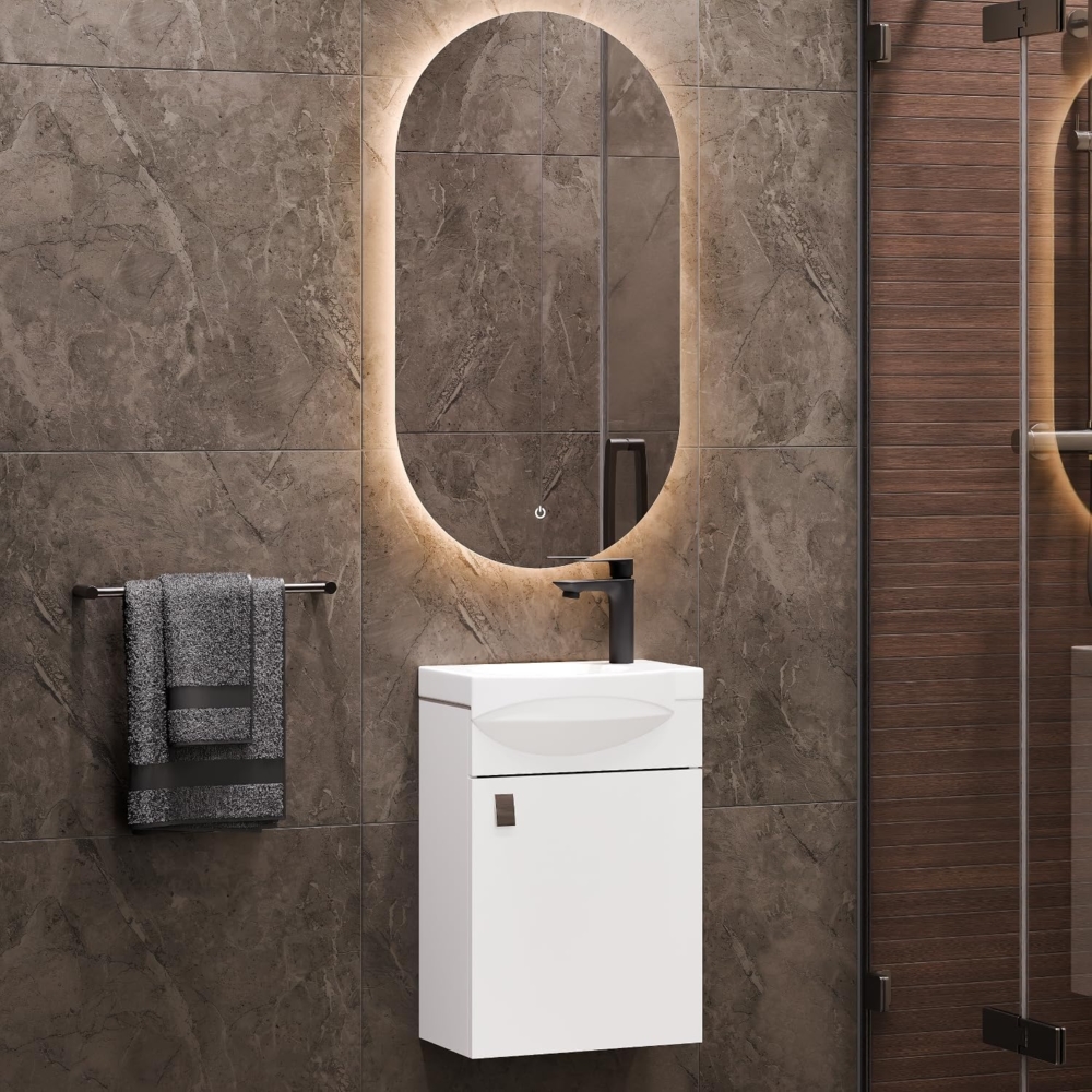 Planetmöbel Badmöbel Set Gäste WC Waschtischunterschrank Keramikwaschbecken Spiegel Weiß Bild 1