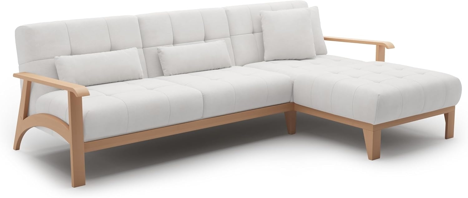 Cavadore Ecksofa Billan / Eckcouch im skandinavischen Design mit Longchair und massivem Holzgestell in Buche / 264 x 88 x 183 / Flachgewebe, Weiß Bild 1