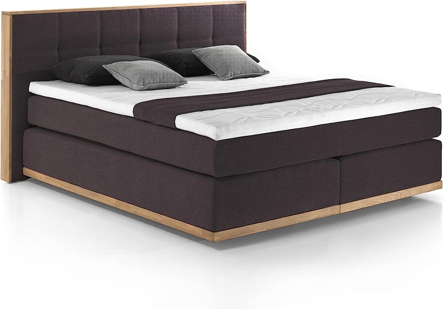 Mivano Levana Boxspringbett mit Sockel aus Eiche, 7-Zonen-Federkern, Matratzen H4 + Topper Premium, Chenille, Dunkelbraun, Liegefläche 200 x 200 cm Bild 1