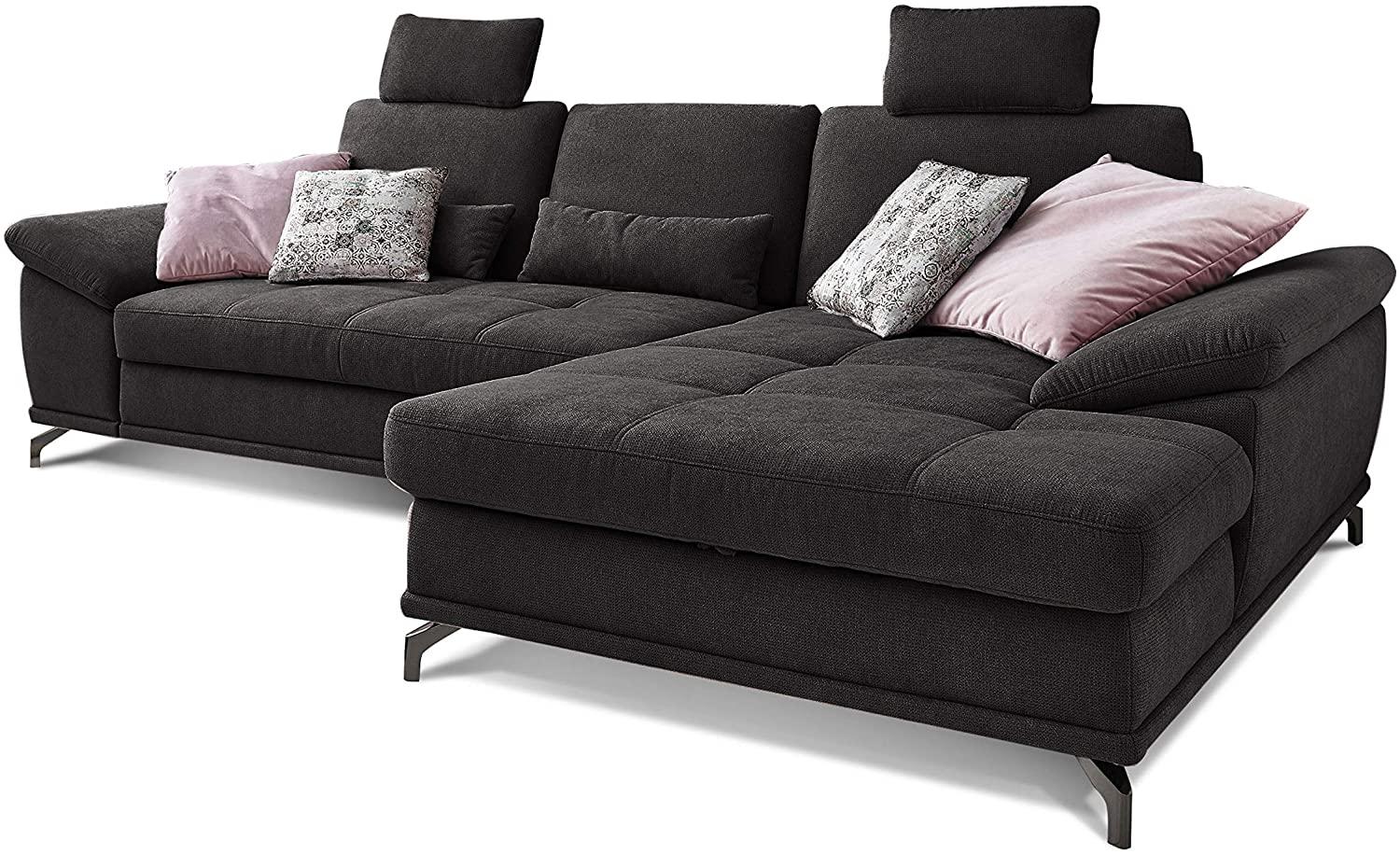 Cavadore Schlafsofa Castiel mit Federkern / Großes Sofa in L-Form mit Bettfunktion, Sitztiefenverstellung, Kopfstützen und XL-Longchair / 312 x 114 x 173 / Webstoff, Schwarz Bild 1