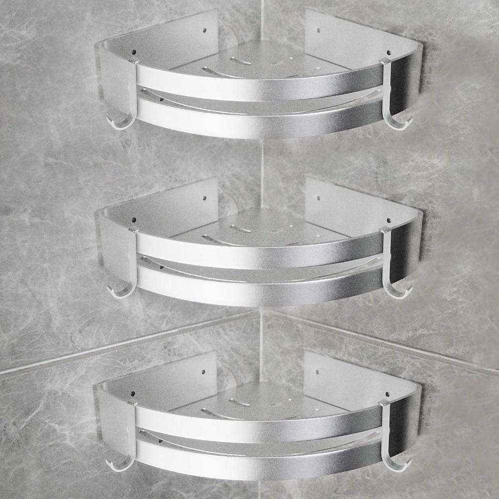 Yorbay Duschablage Duschregal ohne Bohrung, 3 Stücke Duschablage Eckregal Duschkorb, Mit Montagestoff, mit Haken, Dreieck Badregal aus Aluminium für Badezimmer Bad Küche Toilette Bild 1