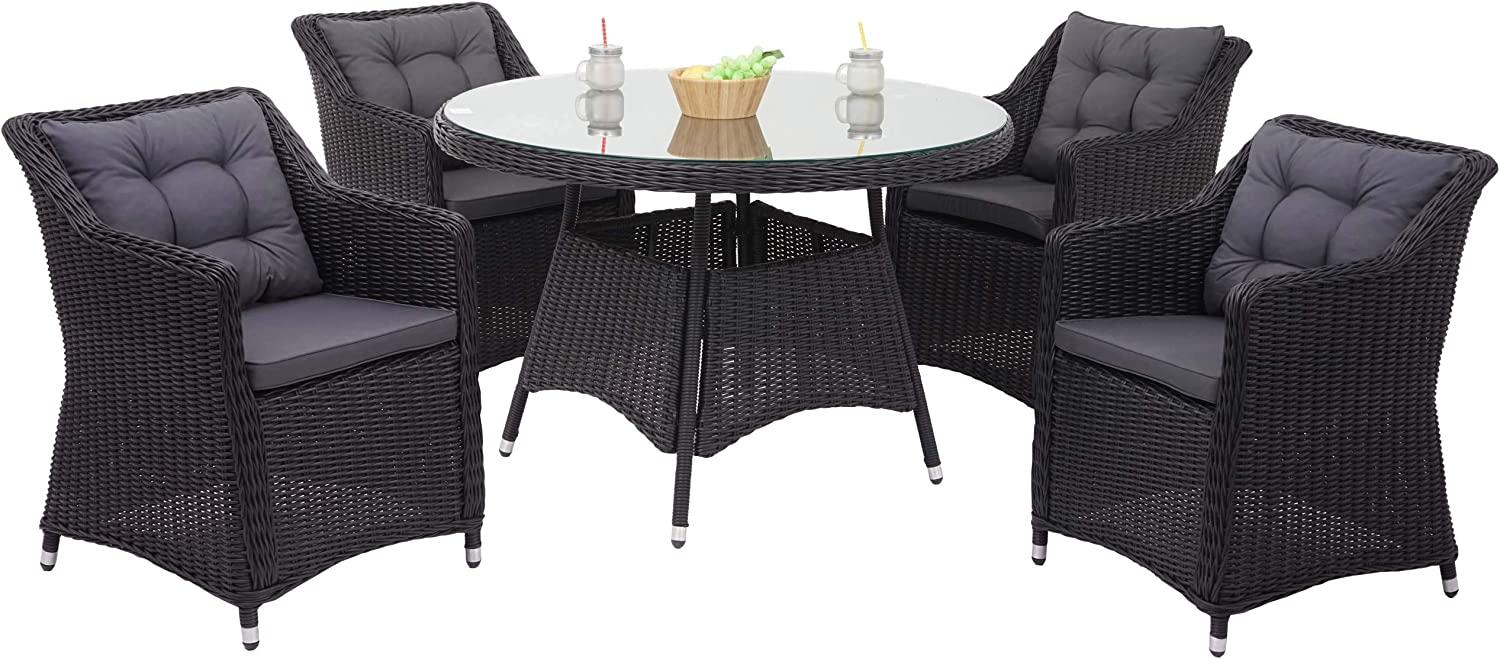 Poly-Rattan Garnitur HWC-F51, Garten-/Lounge-Set Sitzgruppe Tisch+4xStuhl, rundes Rattan anthrazit Kissen dunkelgrau Bild 1