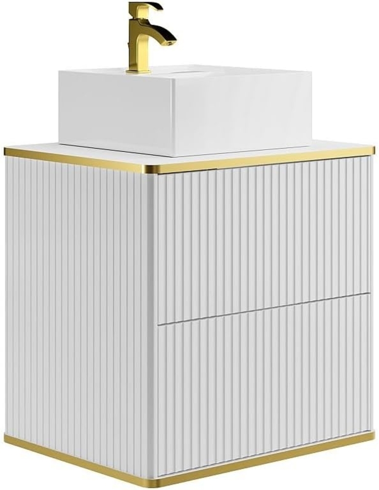 Vente-unique - Waschbeckenunterschrank hängend mit quadratischem Aufsatzwaschbecken - Streifenoptik - Goldfarbene Umrandung - Weiß - 60 cm - KELIZA Bild 1
