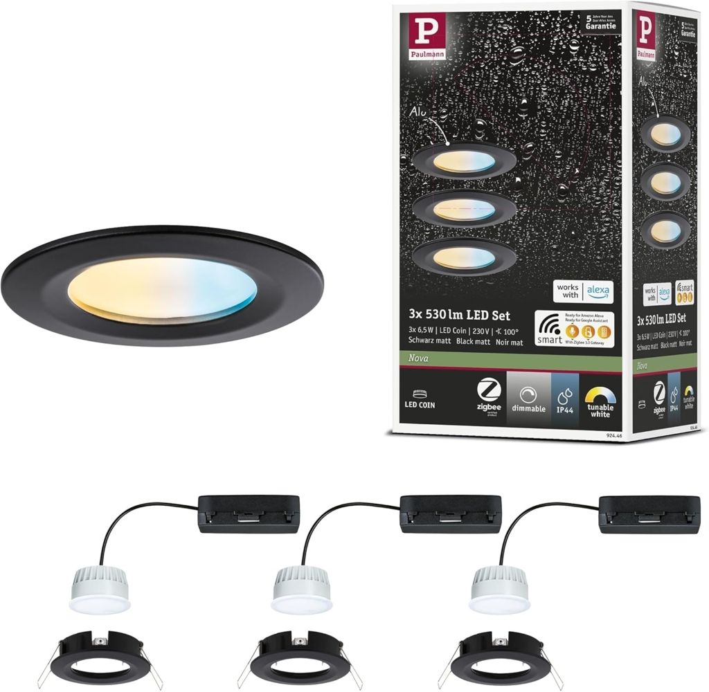 Paulmann 92446 LED Einbauleuchte Nova Coin 3er-Set Zigbee Tunable White Schwarz matt IP44 Bild 1