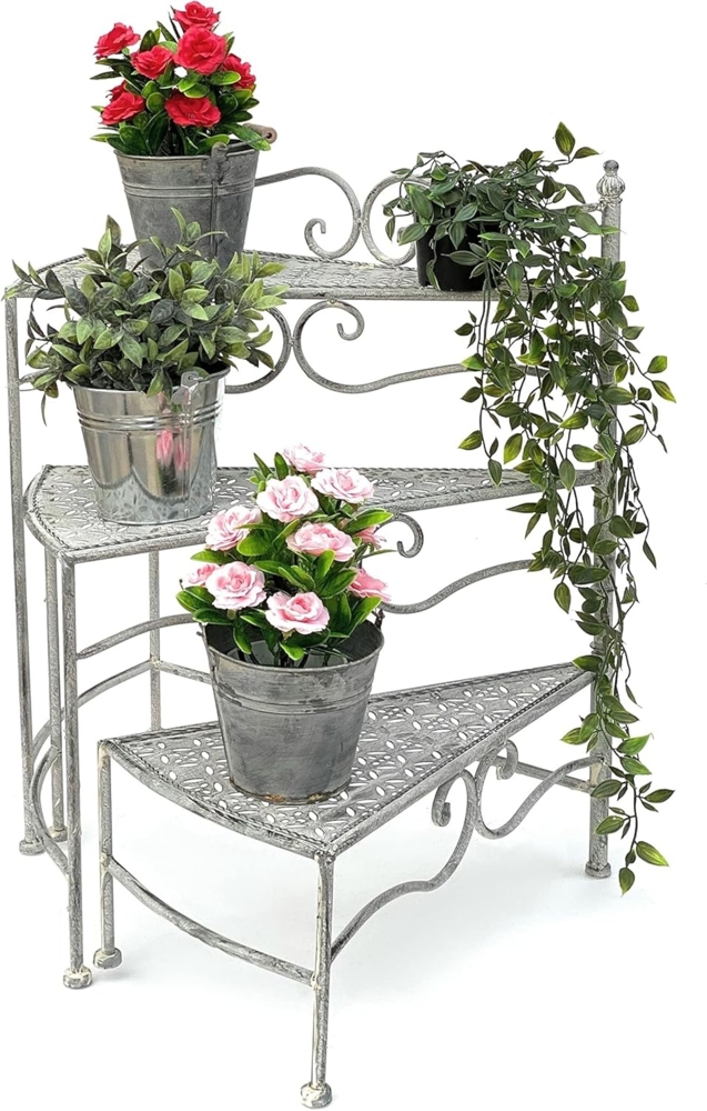 DanDiBo Pflanzentreppe Innen Metall Weiß Grau 55 cm Blumenständer mit 3 Ablagen 96125 Blumenständer Blumensäule Pflanzenständer Balkon Vintage, Aufklappbar Bild 1