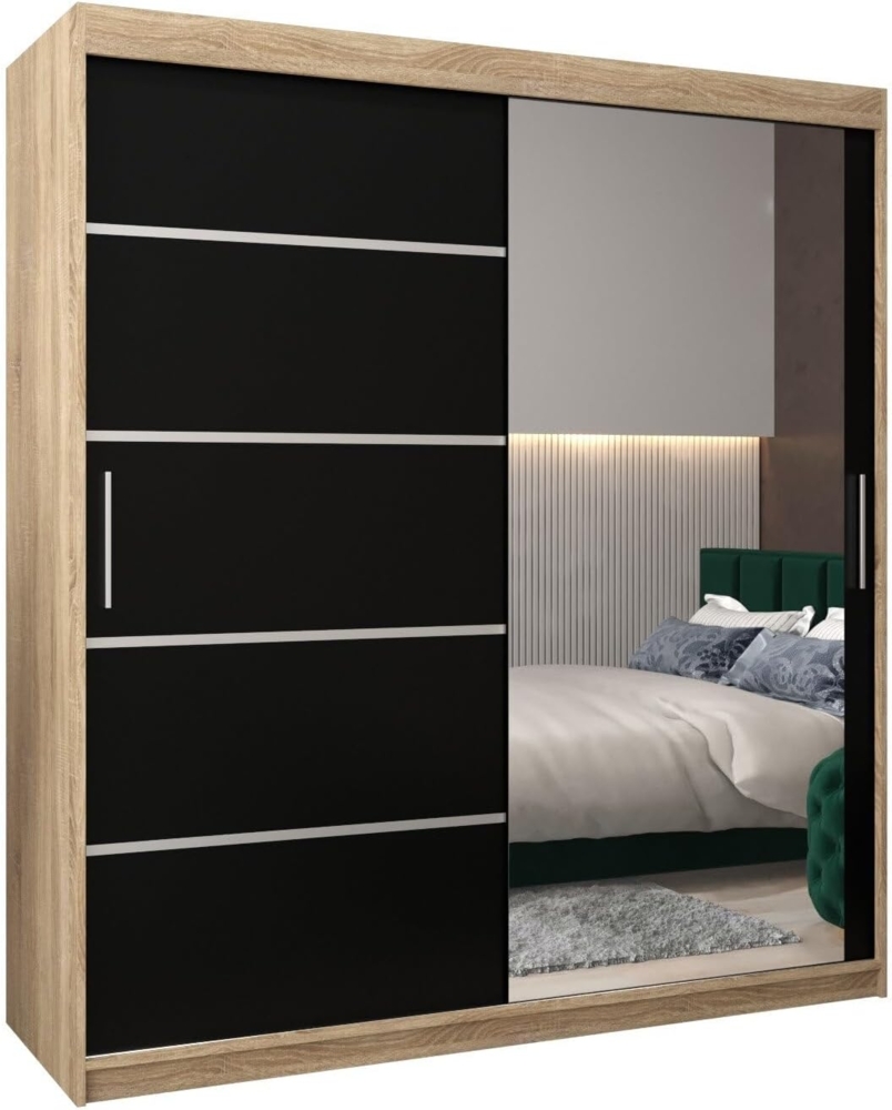 Schwebetürenschrank Verona 2-180 cm mit Spiegel Kleiderschrank mit Kleiderstange und Einlegeboden Schlafzimmer- Wohnzimmerschrank Schiebetüren Modern Design (Sonoma + Schwarz) Bild 1