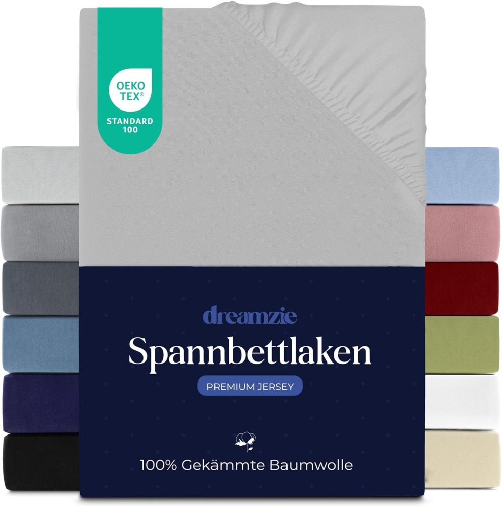 Dreamzie Premium Spannbettlaken 100x200 cm, Spannbetttuch für Dicke Matratzen bis zu 22 cm, Bettlaken 100% Jersey Baumwolle, 150 g/m², Oeko-TEX Zertifiziert - Grau Bild 1