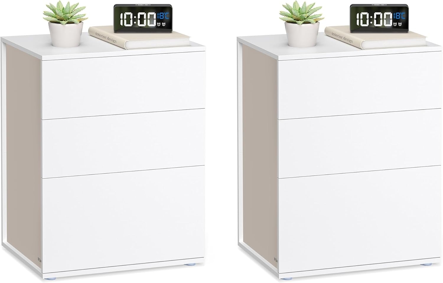 VASAGLE Nachttisch, 2er Set, Beistelltisch 3 Schubladen, Superschnelle werkzeuglose Montage, Nachtschrank, Schlafzimmer, Wohnzimmer, Toolless-Technologie, mattweiß-cappuccinobeige LET779W01 Bild 1