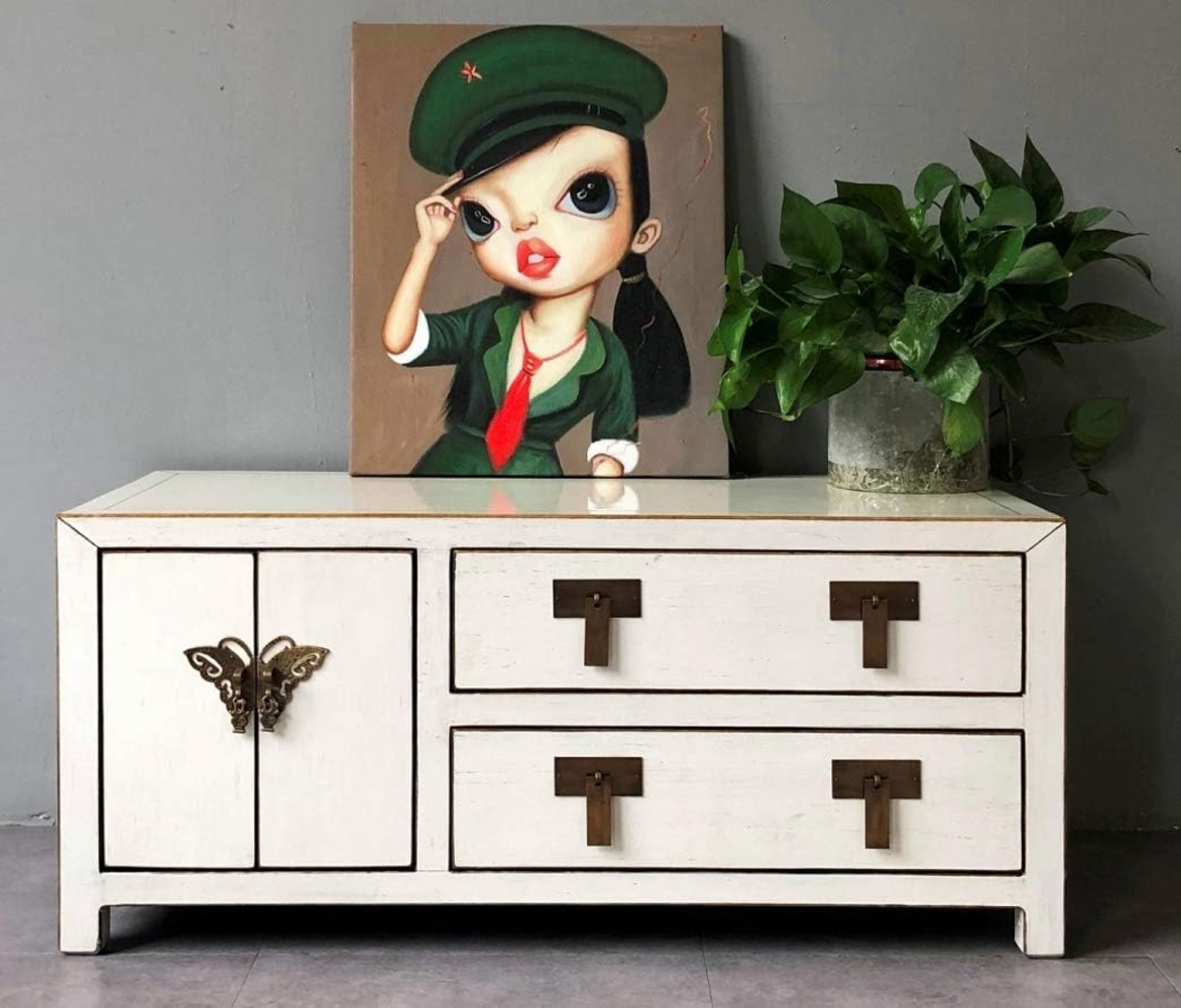 Vintage TV-Stand Elfenbein Kommode Sideboard Lowboard chinesisch asiatisch Kolonial-Stil Antik-Stil Schrank orientalisch Fernost shabby-chic Landhaus Bild 1