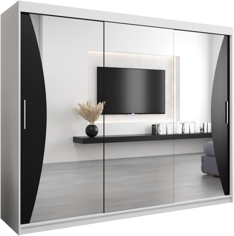 Kryspol Schwebetürenschrank Monaco 250 cm mit Spiegel Kleiderschrank mit Kleiderstange und Einlegeboden Schlafzimmer- Wohnzimmerschrank Schiebetüren Modern Design (Weiß + Schwarz) Bild 1