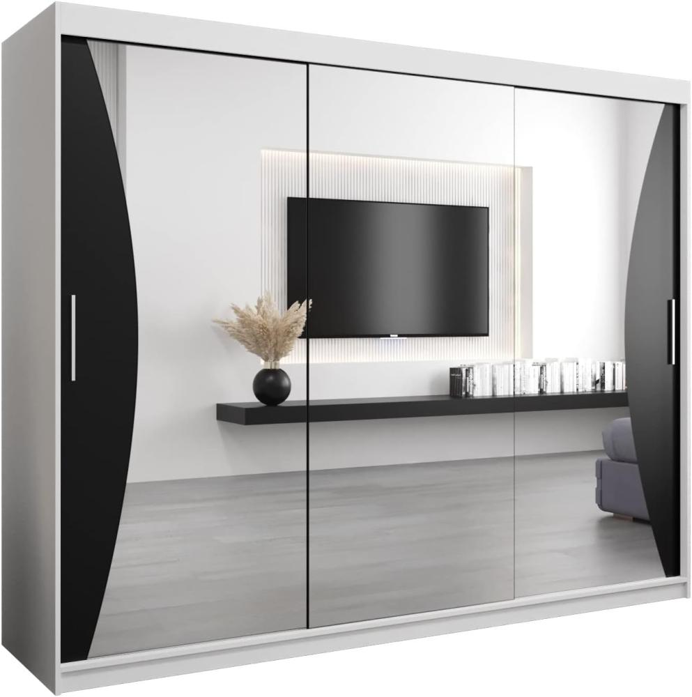 Kryspol Schwebetürenschrank Monaco 250 cm mit Spiegel Kleiderschrank mit Kleiderstange und Einlegeboden Schlafzimmer- Wohnzimmerschrank Schiebetüren Modern Design (Weiß + Schwarz) Bild 1