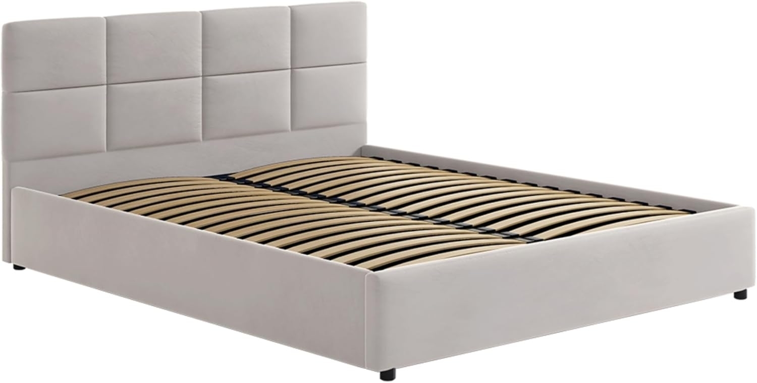 Home Collective Polsterbett 140x200, 160x200 cm mit Stauraum & Lattenrost aus Metall Doppelbett (Bett Bed Stabiler Bettrahmen Gepolstert), mit Hydraulischem Bettkasten, Samt beige 200x140 cm Bild 1