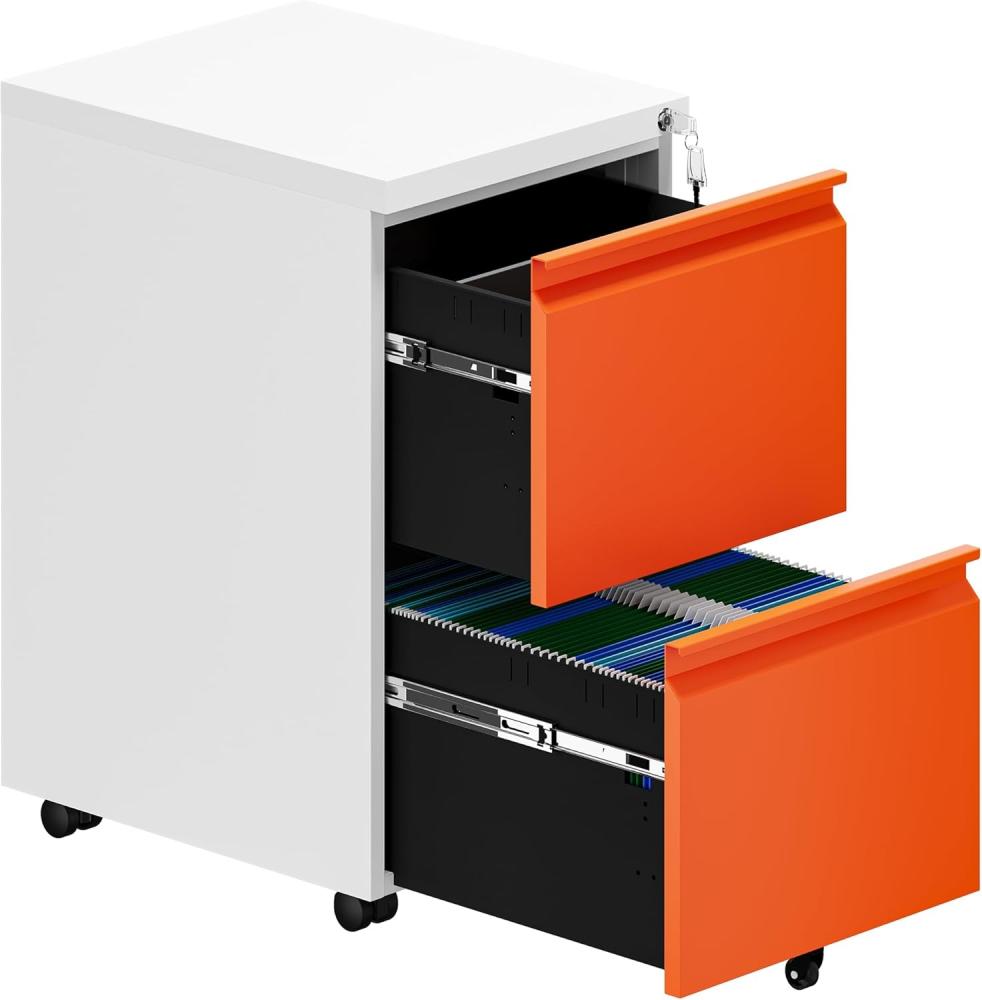 YITAHOME Rollcontainer mit Abschließbar 2 Schubladen, Mobiler Aktenschrank mit Rollen für A4, Legal, Letter, Metall Büroschrank für Home-Office, Hängeregistratur, Weiß + Orange, 51 x 39 x 71cm Bild 1