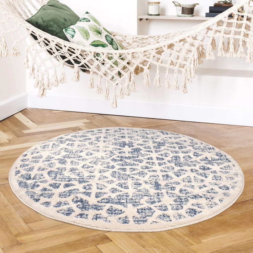 Teppich Rund Wohnzimmer - Blau Cream- 200x200cm – Kurzflor Modern Deko Boho Schlafzimmer Flur Dekoration - Skandinavische Teppiche Bild 1