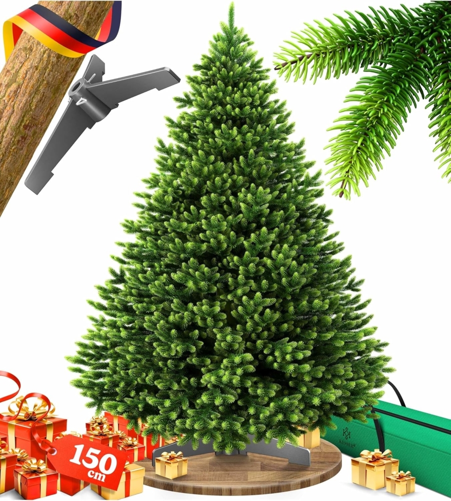 KESSER® Weihnachtsbaum künstlich – wie echt – naturgetreuer Tannenbaum mit Holzständer + Tasche, dichte Zweige, kein Nadeln, realistischer Pine Tree, Christbaum, Dunkelgrün 150 cm, Ohne LED Bild 1
